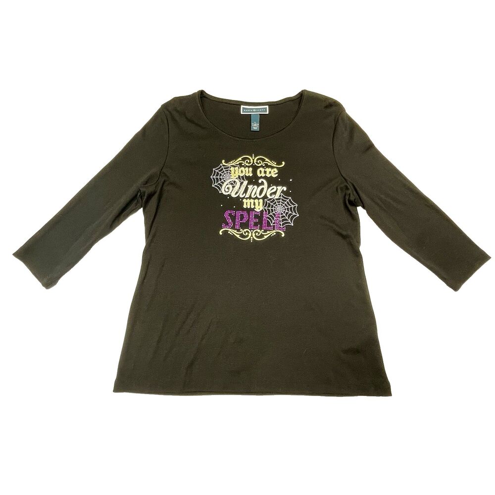 Halloween Shirt Black Gold Purple Glitter Rhinestones Karen Scott Women's Size L